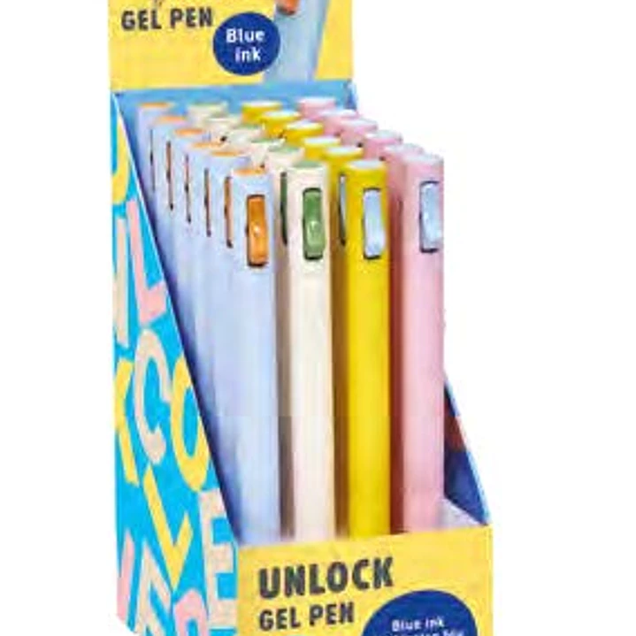 Carioca Unlock Gel Expositor con 24 Boligrafos de Tinta Gel Retractiles - Punta 0.7mm - Mecanismo de Clic Patentado - Tinta Color Azul - Cuerpo de Dif 1