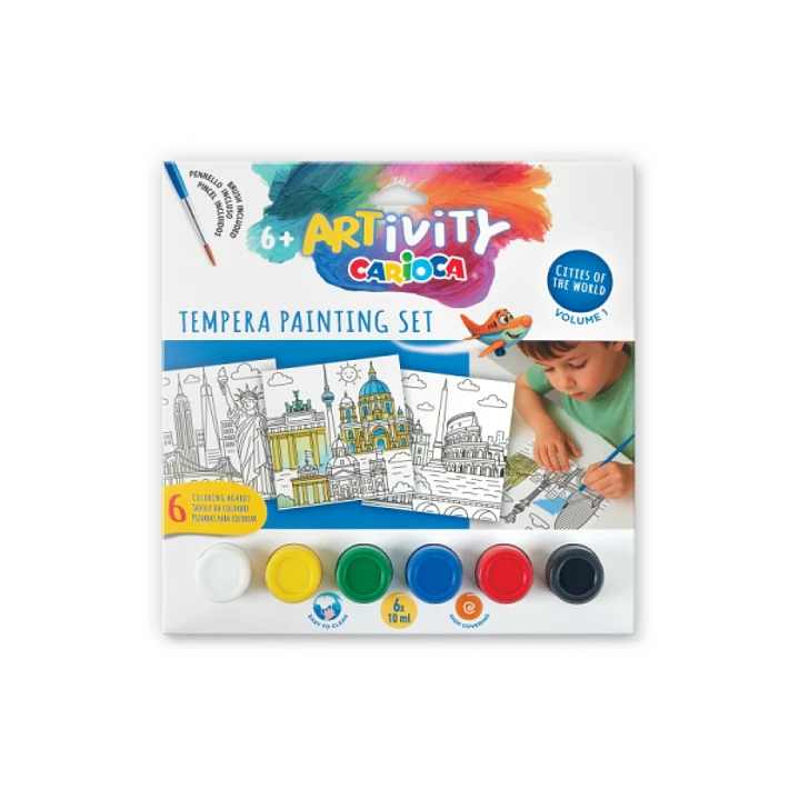 Carioca Artivity Cities of the World Vol. 1 Pack con 6 Laminas para Pintar + 6 Botes de Tempera + Pincel 1