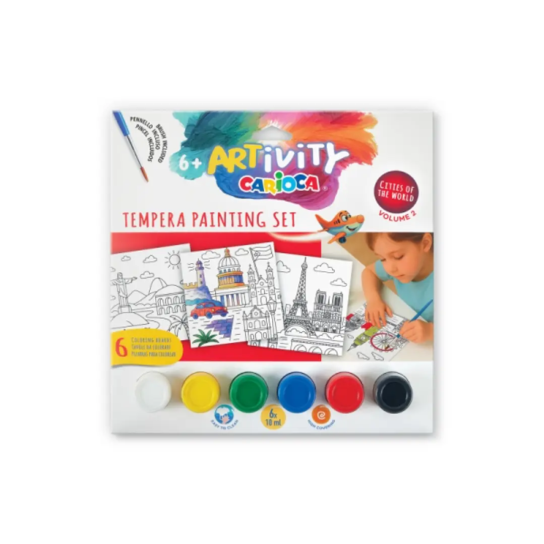 Carioca Artivity Cities of the World Vol. 2 Pack con 6 Laminas para Pintar + 6 Botes de Tempera + Pincel 1