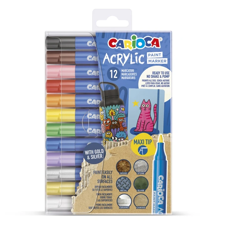 Carioca Acrylic Pack de 12 Marcadores de Pintura Acrilica - Punta Maxi - Tinta a Base de Agua - Alta Cobertura - Colores Surtidos 1
