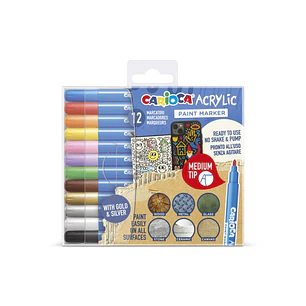 Carioca Acrylic Pack de 12 Marcadores de Pintura Acrilica - Punta Media - Tinta a Base de Agua - Alta Cobertura - Colores Surtidos