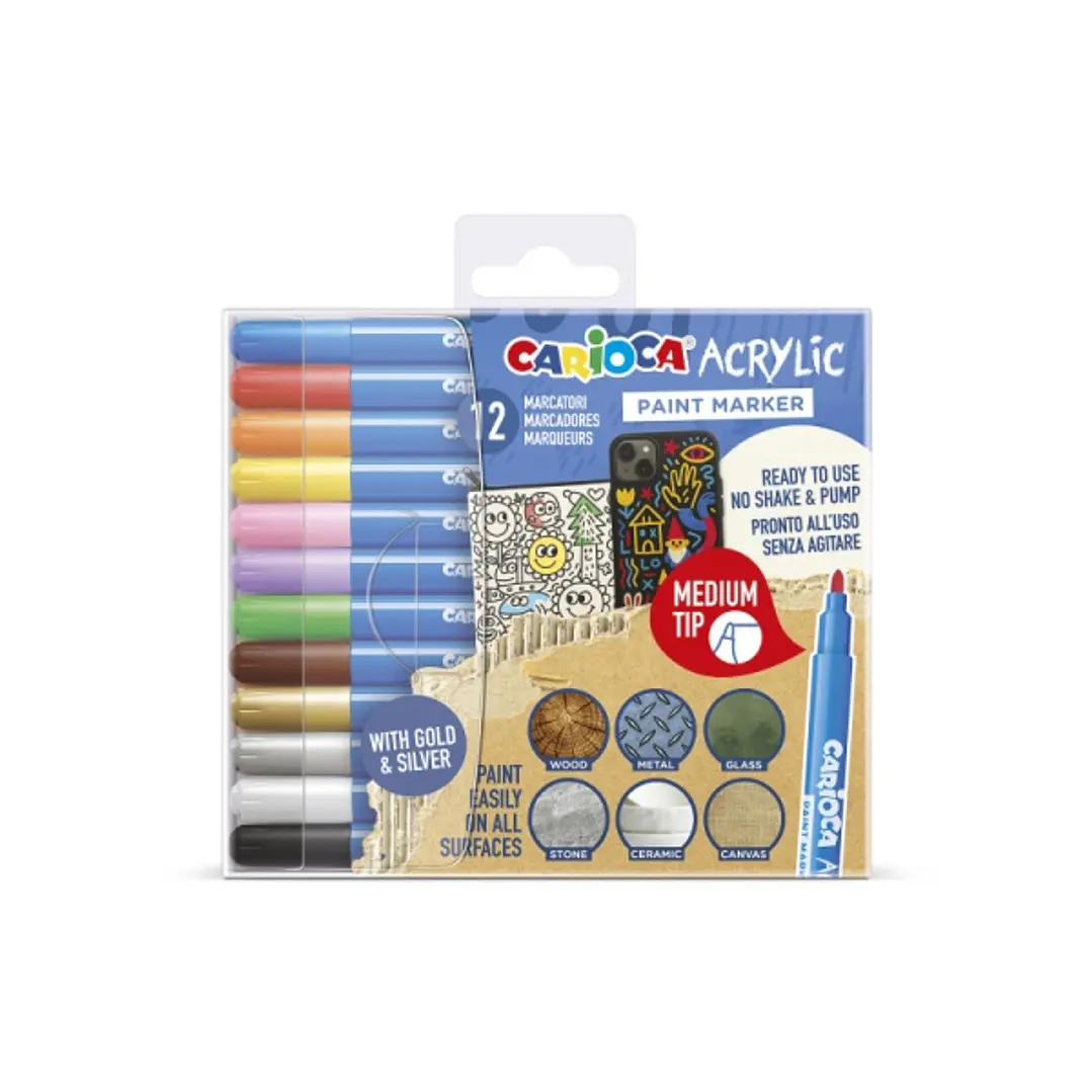 Carioca Acrylic Pack de 12 Marcadores de Pintura Acrilica - Punta Media - Tinta a Base de Agua - Alta Cobertura - Colores Surtidos 1