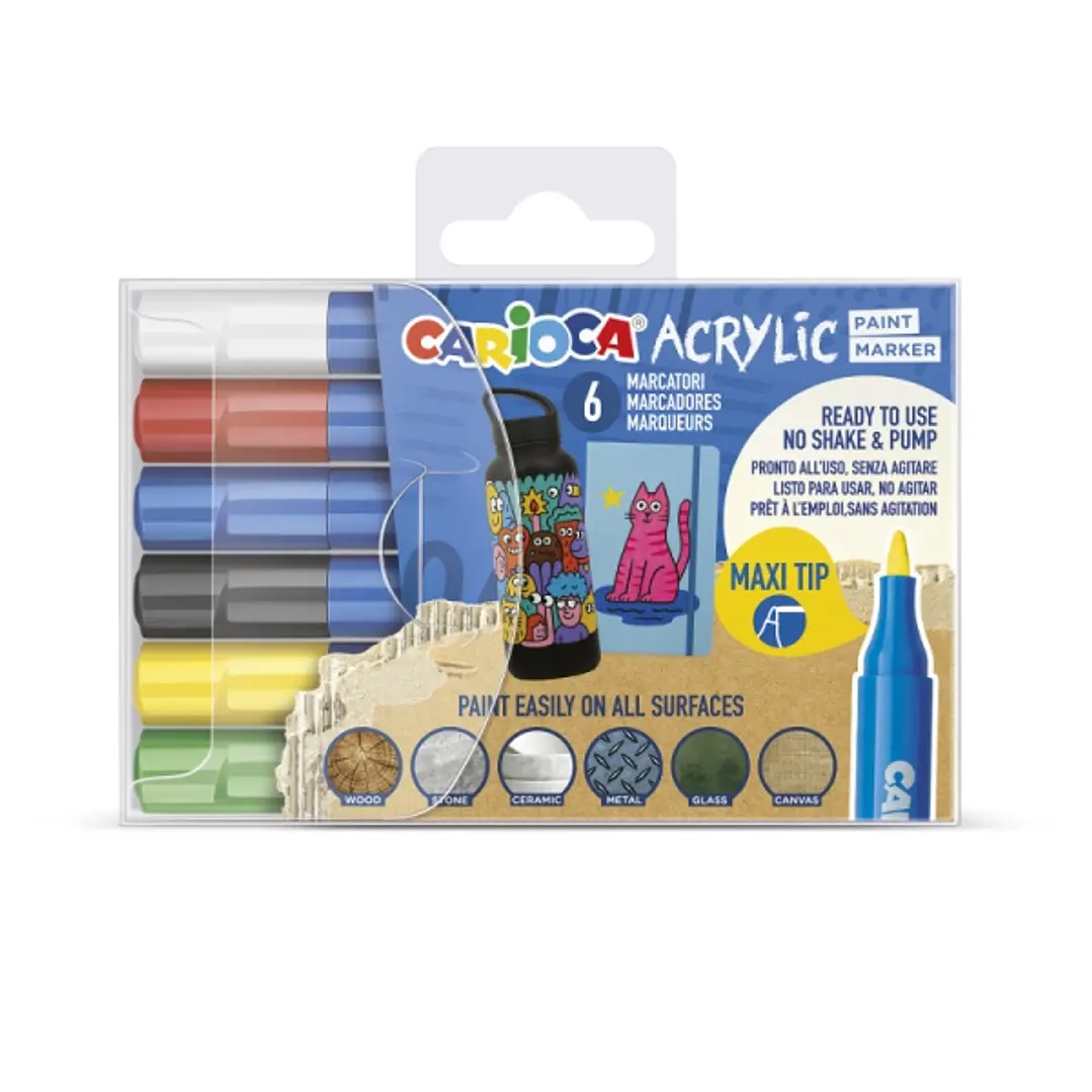 Carioca Acrylic Pack de 6 Marcadores de Pintura Acrilica - Punta Maxi - Tinta a Base de Agua - Alta Cobertura - Colores Surtidos 1