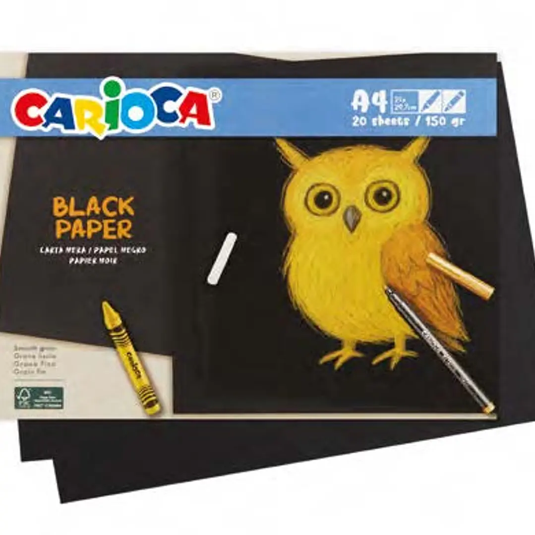 Carioca Black Pack con 20 Hojas A4 de Color Negro - Papel de 150gr - Recomendado para Tizas, Ceras, Rotuladores Brillantes etc... 1