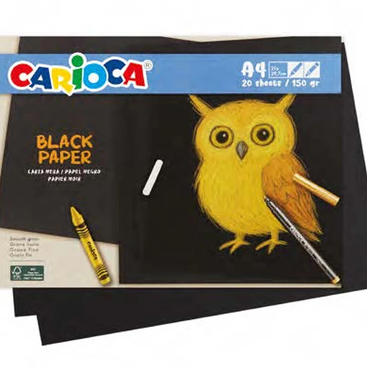 Carioca Black Pack con 20 Hojas A4 de Color Negro - Papel de 150gr - Recomendado para Tizas, Ceras, Rotuladores Brillantes etc... 1