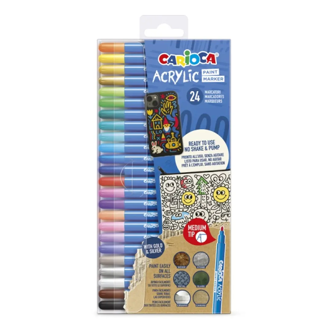 Carioca Acrylic Pack de 24 Marcadores de Pintura Acrilica - Punta Media - Tinta a Base de Agua - Alta Cobertura - Colores Surtidos 1