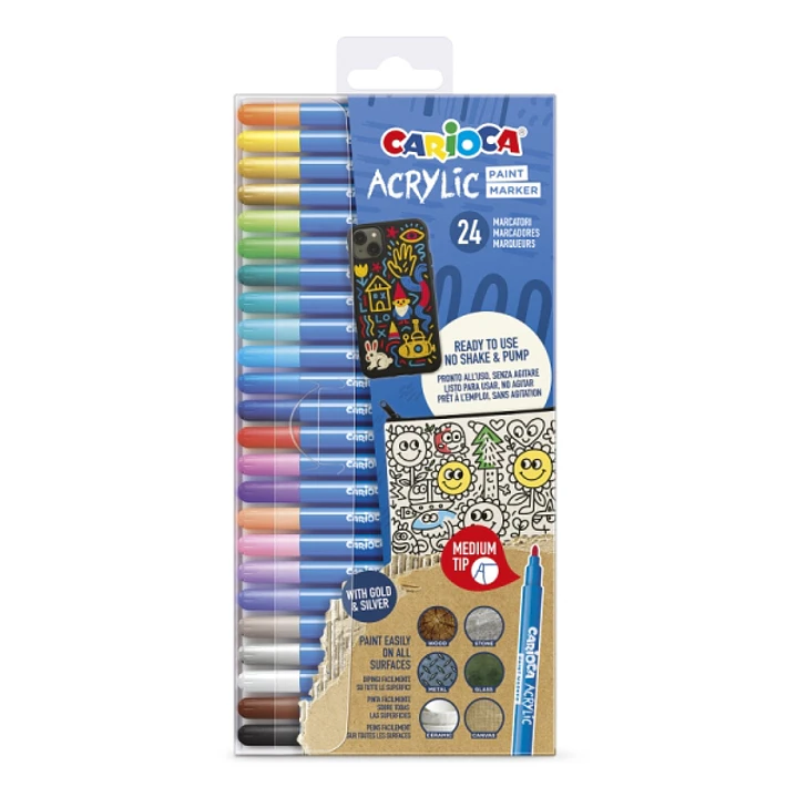 Carioca Acrylic Pack de 24 Marcadores de Pintura Acrilica - Punta Media - Tinta a Base de Agua - Alta Cobertura - Colores Surtidos 1