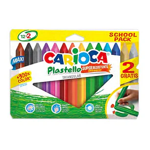 Carioca Plastello Maxi Pack de 12+2 Plasticeras Triangulares - Brillantes y Lavables - Colores Surtidos