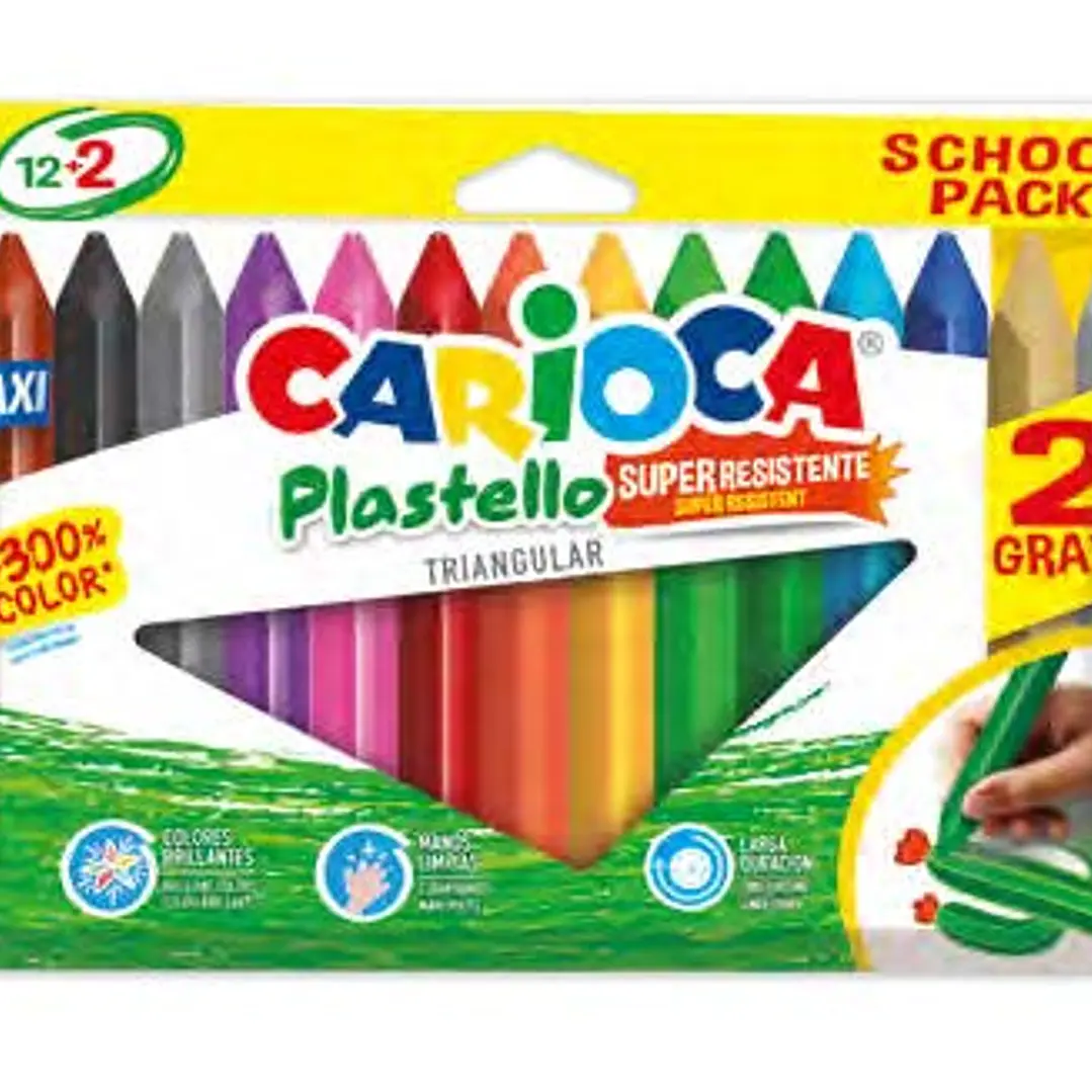 Carioca Plastello Maxi Pack de 12+2 Plasticeras Triangulares - Brillantes y Lavables - Colores Surtidos 1