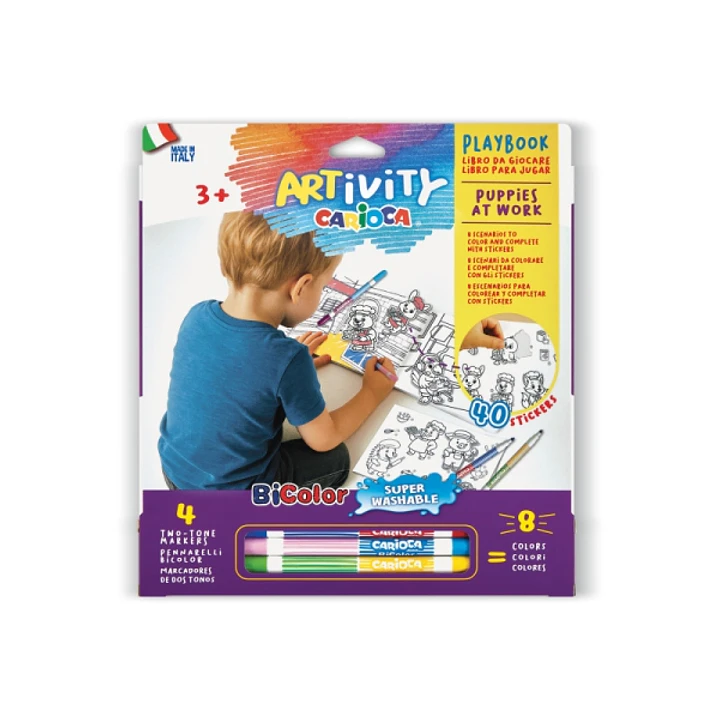 Carioca Artivity Rotuladores Libro con 40 Pegatinas para Colorear + 4 Rotuladores Bicolor - 8 Escenarios para Colorear 1