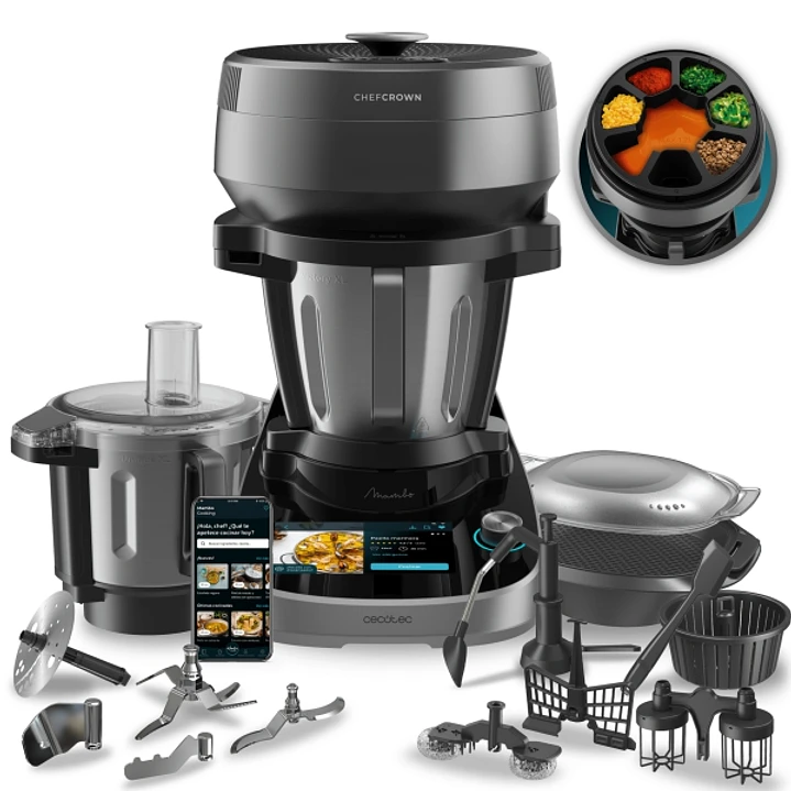 Cecotec Mambo CooKing TotalGourmet Robot de Cocina con Dispensador de Alimentos Automatico - 2200W - Recetario - Accesorios Multifuncion - Pantalla Ta 1