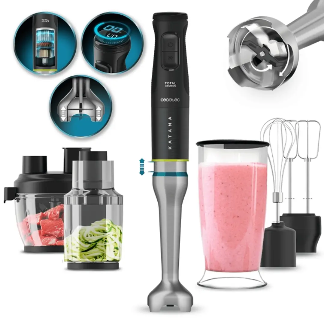 Cecotec Katana 15 TotalDestroy Full B Screen Batidora de Mano - 1500W - Vaso de 0.8L - Accesorios Multifuncion - Campana Antisalpicadura - 4 Hojas Rec 1