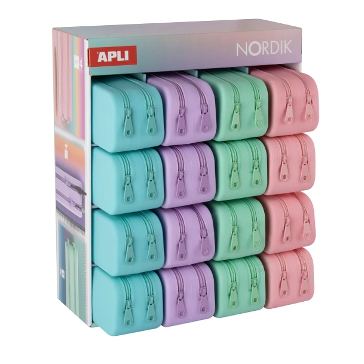 Apli Nordik Expositor de 16 Estuches de Silicona Rectangulares Dobles - Doble Compartimento - Medidas 75x185x63mm - Colores Pastel Surtidos 1
