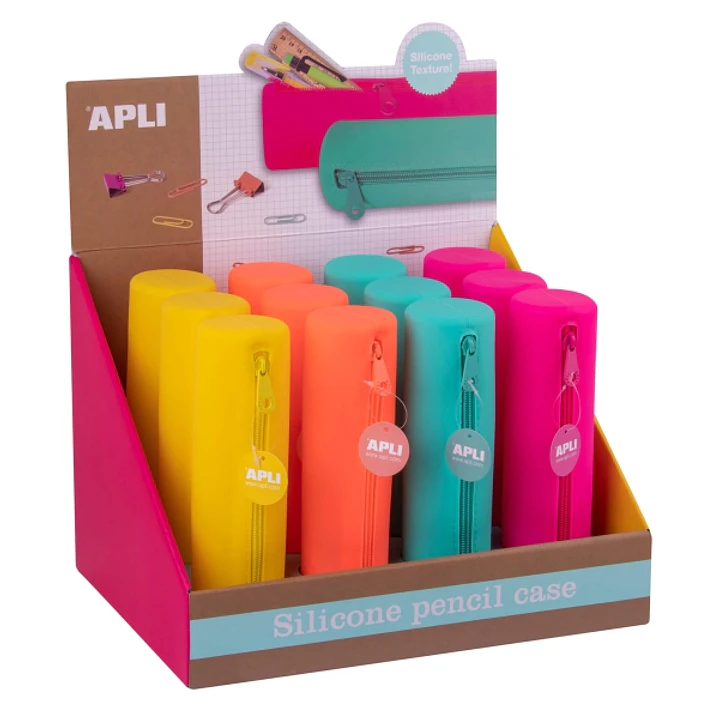 Apli Fluor Expositor de 12 Estuches de Silicona Redondos - Resistentes al Agua - Medidas 21,5xØ 5cm - Colores Surtidos 1