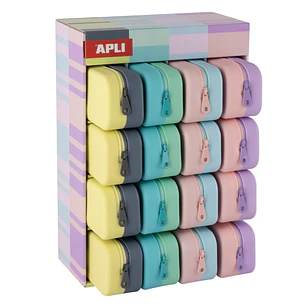Apli Nordik Bicolor Expositor de 16 Estuches de Silicona Rectangulares Bicolor - Cremallera Repelente al Agua - Medidas 75x185x55mm - Colores Pastel S