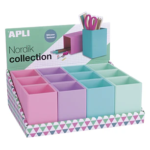 Apli Nordik Expositor de 12 Portalapices Silicona Cuadrados - Medidas 70x70x95mm - Colores Surtidos