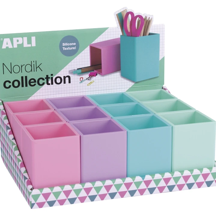 Apli Nordik Expositor de 12 Portalapices Silicona Cuadrados - Medidas 70x70x95mm - Colores Surtidos 1