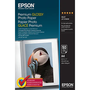 Epson Premium Glossy Photo Pack de 50 Hojas de Papel Fotografico - A4 - Gramaje de 255g/m2 - Acabado Brillante - Compatible con Impresoras Inkjet - Co