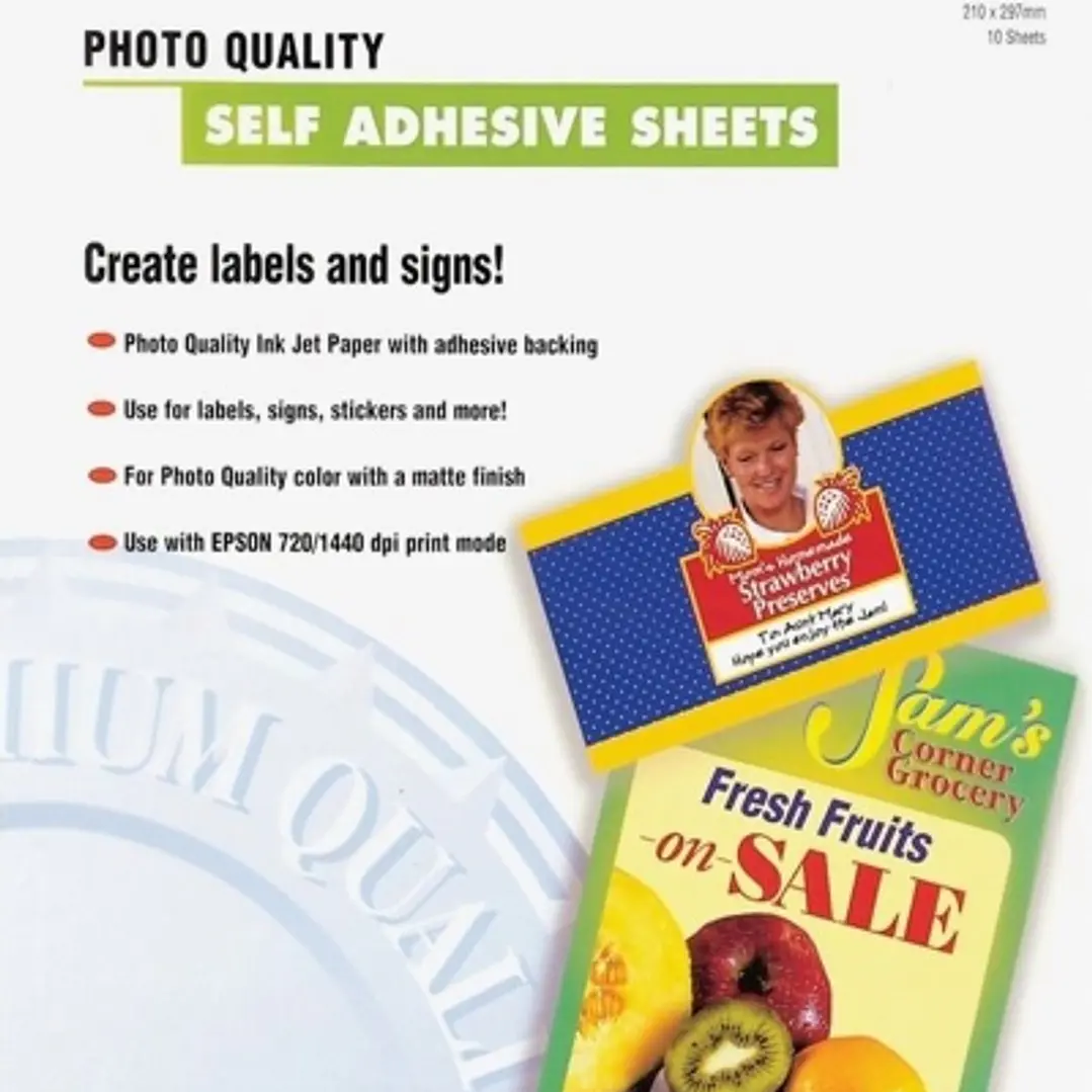 Epson Photo Quality Self Adhesive Pack de 10 Hojas Autoadhesivas - A4 - Gramaje de 167g/m2 - Calidad Fotografica - Mate - Compatible con Impresoras In 1
