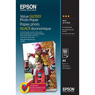 Epson Value Glossy Photo Pack de 50 Hojas de Papel Fotografico - A4 - Gramaje de 183g/m2 - Acabado Brillante - Compatible con Impresoras Inkjet - Colo