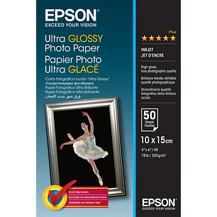 Epson Ultra Glossy Photo Pack de 50 Hojas de Papel Fotografico - 10x15cm - Gramaje de 300g/m2 - Acabado Brillante - Compatible con Impresoras Inkjet -