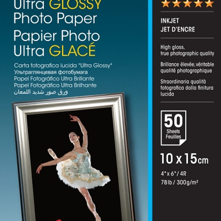 Epson Ultra Glossy Photo Pack de 50 Hojas de Papel Fotografico - 10x15cm - Gramaje de 300g/m2 - Acabado Brillante - Compatible con Impresoras Inkjet - 1
