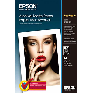 Epson Archival Matte Pack de 50 Hojas de Papel Fotografico - A4 - Gramaje de 192g/m2 - Acabado Mate - Compatible con Impresoras Inkjet - Color Blanco