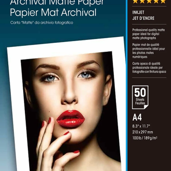 Epson Archival Matte Pack de 50 Hojas de Papel Fotografico - A4 - Gramaje de 192g/m2 - Acabado Mate - Compatible con Impresoras Inkjet - Color Blanco 1