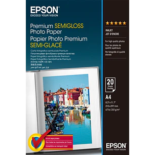 Epson Premium Semiglossy Photo Pack de 20 Hojas de Papel Fotografico - A4 - Gramaje de 251g/m2 - Acabado Semibrillante - Compatible con Impresoras Ink