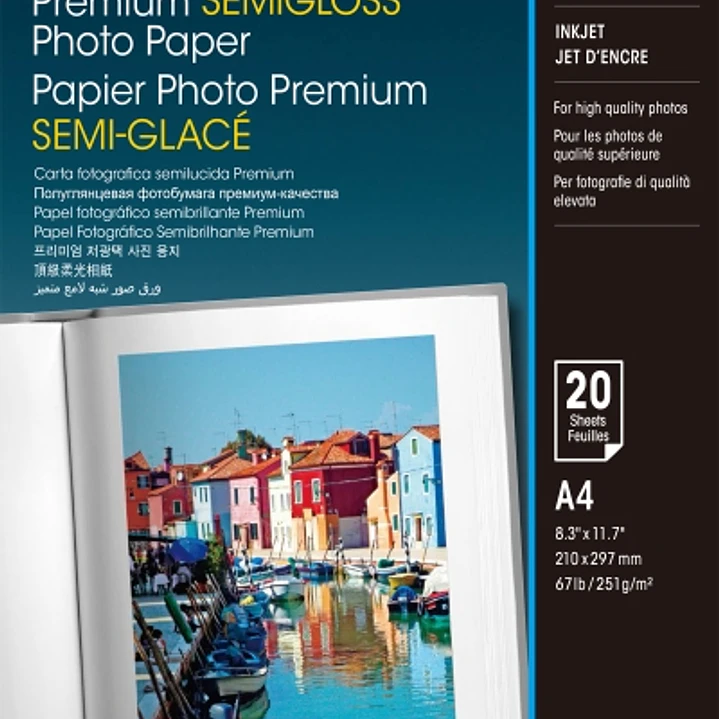 Epson Premium Semiglossy Photo Pack de 20 Hojas de Papel Fotografico - A4 - Gramaje de 251g/m2 - Acabado Semibrillante - Compatible con Impresoras Ink 1