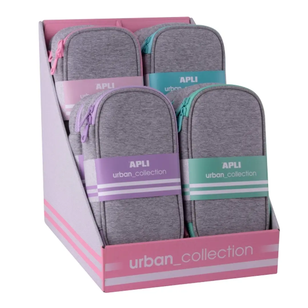 Apli Urban Collection Expositor de 8 Estuches de Neopreno Planos Rectangulares - Bolsillo Interior con Cremallera - Medidas 230x60x120mm - Colores Sur 1