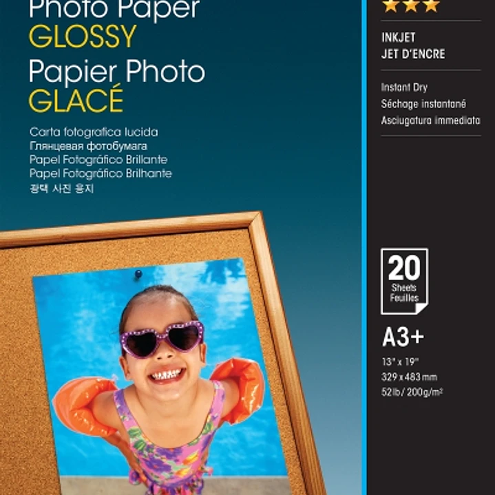 Epson Photo Glossy Pack de 20 Hojas de Papel Fotografico - A3+ - Gramaje de 200g/m2 - Acabado Brillante - Compatible con Impresoras Inkjet - Color Bla 1