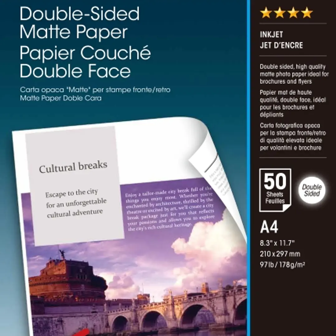 Epson Double-Sided Matte Pack de 50 Hojas de Papel - A4 - Gramaje de 178g/m2 - Mate - Especial para Impresion a Doble Cara - Compatible con Impresoras 1