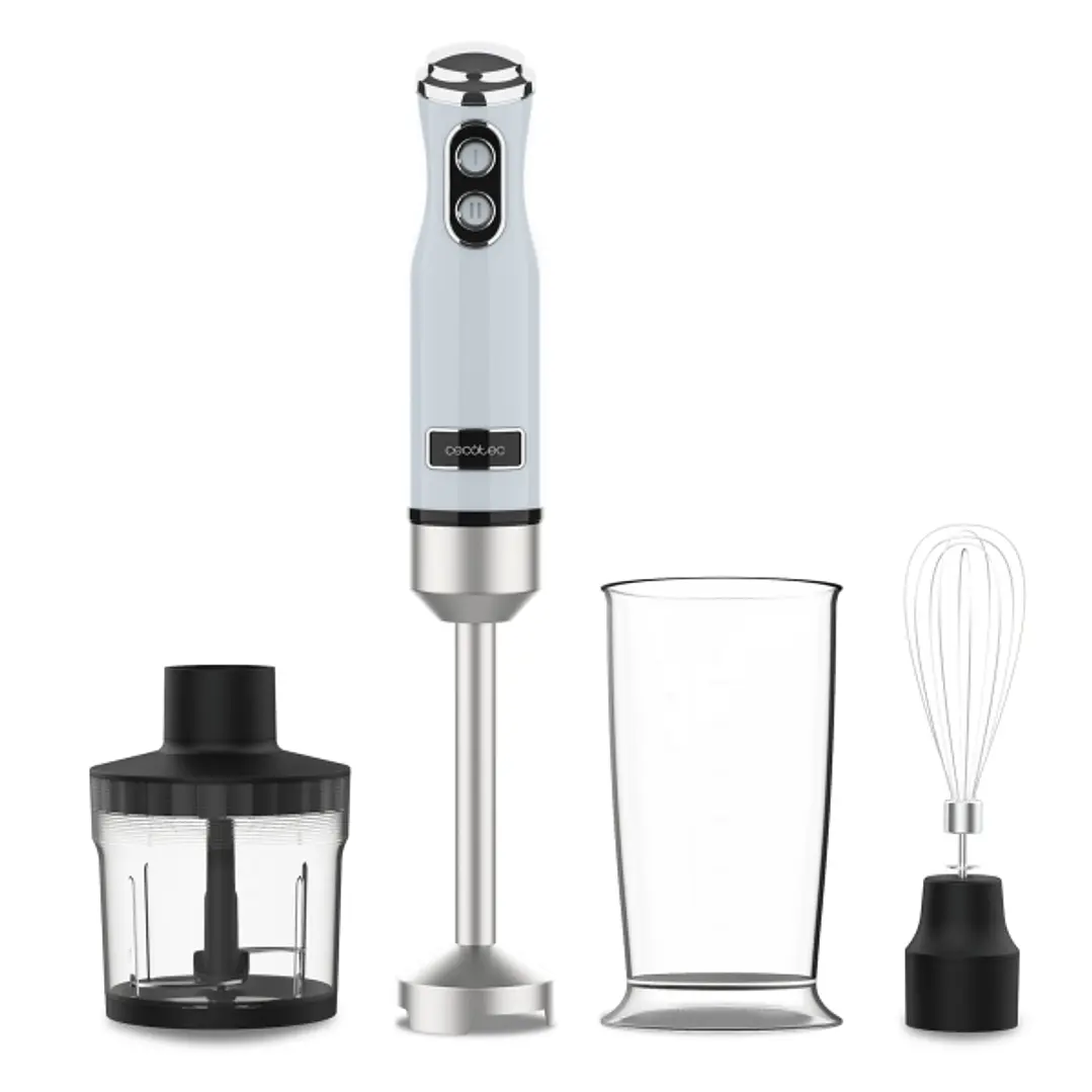 Cecotec Power RetroBlue 1200Max Cream and Crush Batidora de Mano - 1200W - Vaso de 0.5L - Accesorios Multifuncion - Campana Antisalpicadura - 4 Hojas  1