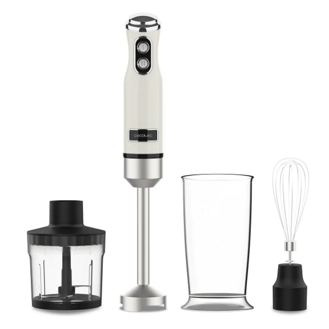 Cecotec Power RetroBeige 1200Max Cream and Crush Batidora de Mano - 1200W - Vaso de 0.5L - Accesorios Multifuncion - Campana Antisalpicadura - 4 Hojas 1