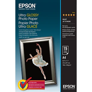 Epson Ultra Glossy Photo Pack de 15 Hojas de Papel Fotografico - A4 - Gramaje de 300g/m2 - Acabado Brillante - Compatible con Impresoras Inkjet - Colo