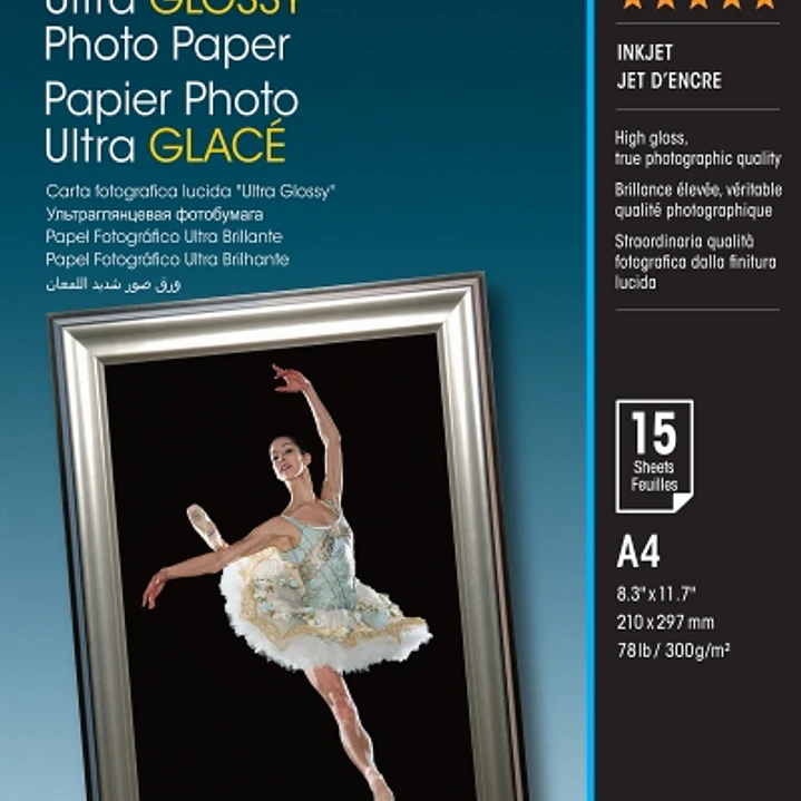 Epson Ultra Glossy Photo Pack de 15 Hojas de Papel Fotografico - A4 - Gramaje de 300g/m2 - Acabado Brillante - Compatible con Impresoras Inkjet - Colo 1