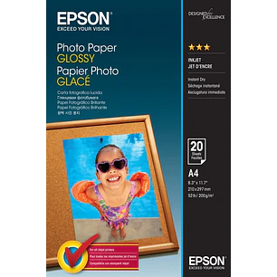 Epson Photo Glossy Pack de 20 Hojas de Papel Fotografico - A4 - Gramaje de 200g/m2 - Acabado Brillante - Compatible con Impresoras Inkjet - Color Blan