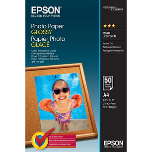 Epson Photo Glossy Pack de 50 Hojas de Papel Fotografico - A4 - Gramaje de 200g/m2 - Acabado Brillante - Compatible con Impresoras Inkjet - Color Blan