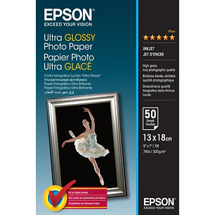 Epson Ultra Glossy Photo Pack de 50 Hojas de Papel Fotografico - 13x18cm - Gramaje de 300g/m2 - Acabado Brillante - Compatible con Impresoras Inkjet -