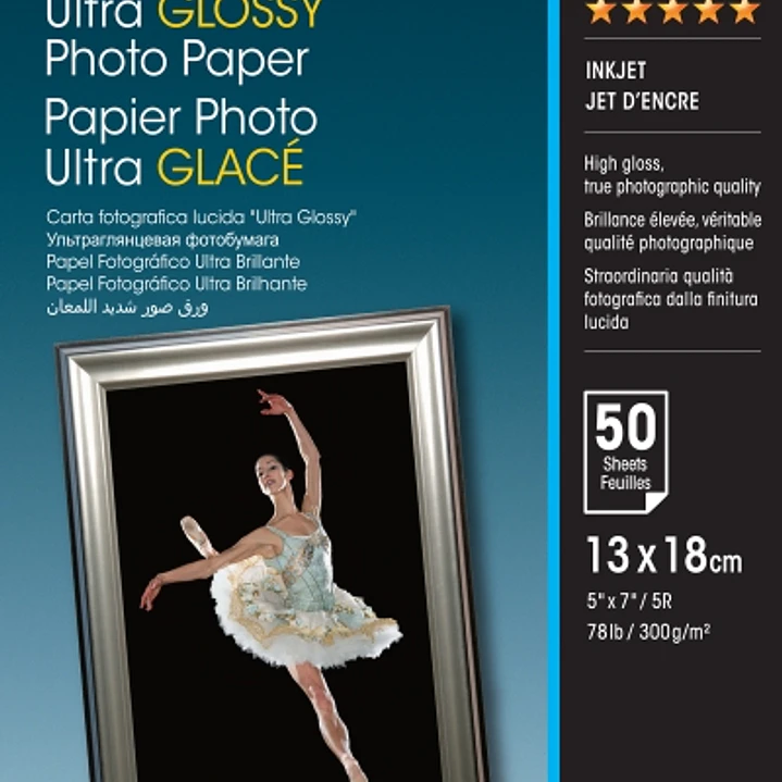 Epson Ultra Glossy Photo Pack de 50 Hojas de Papel Fotografico - 13x18cm - Gramaje de 300g/m2 - Acabado Brillante - Compatible con Impresoras Inkjet - 1