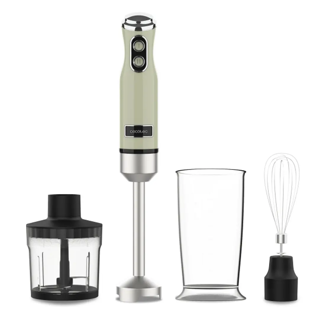 Cecotec Power RetroGreen 1200Max Cream and Crush Batidora de Mano - 1200W - Vaso de 0.5L - Accesorios Multifuncion - Campana Antisalpicadura - 4 Hojas 1