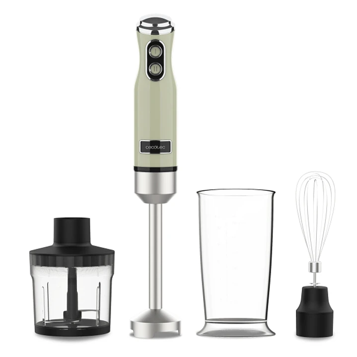 Cecotec Power RetroGreen 1200Max Cream and Crush Batidora de Mano - 1200W - Vaso de 0.5L - Accesorios Multifuncion - Campana Antisalpicadura - 4 Hojas 1