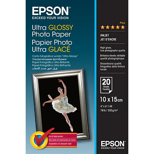 Epson Ultra Glossy Photo Pack de 20 Hojas de Papel Fotografico - 10x15cm - Gramaje de 300g/m2 - Acabado Brillante - Compatible con Impresoras Inkjet -