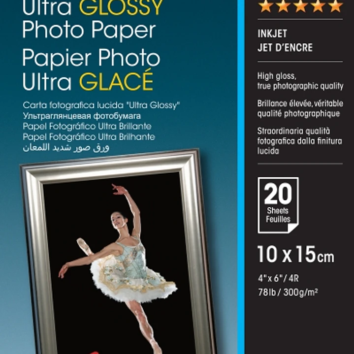 Epson Ultra Glossy Photo Pack de 20 Hojas de Papel Fotografico - 10x15cm - Gramaje de 300g/m2 - Acabado Brillante - Compatible con Impresoras Inkjet - 1