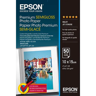 Epson Premium Semiglossy Photo Pack de 50 Hojas de Papel Fotografico - 10x15cm - Gramaje de 251g/m2 - Acabado Semibrillante - Compatible con Impresora