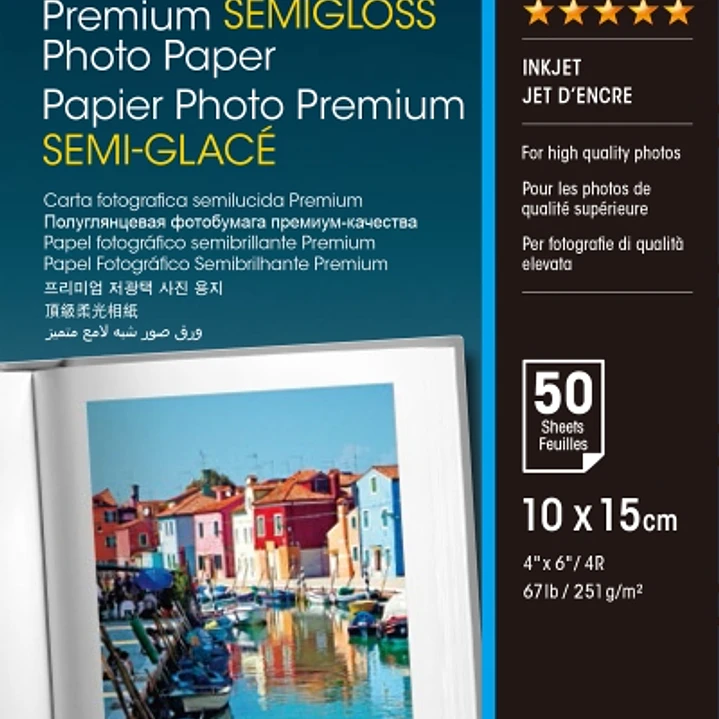 Epson Premium Semiglossy Photo Pack de 50 Hojas de Papel Fotografico - 10x15cm - Gramaje de 251g/m2 - Acabado Semibrillante - Compatible con Impresora 1