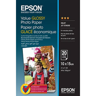 Epson Value Glossy Photo Pack de 20 Hojas de Papel Fotografico - 10x15cm - Gramaje de 183g/m2 - Acabado Brillante - Compatible con Impresoras Inkjet -