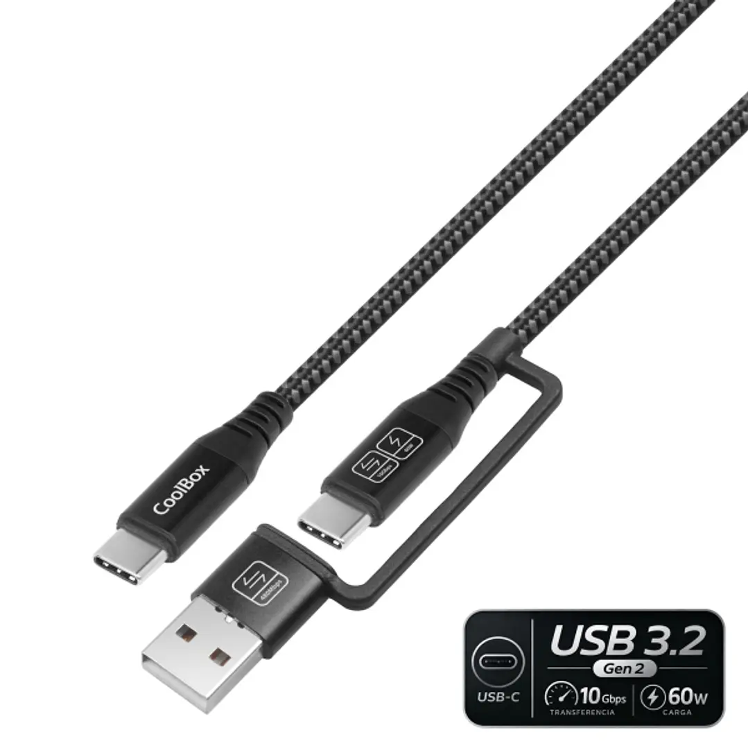 CoolBox Cable USB-C a USB-C 3.2 con Adaptador a USB-A  - 60W - Longitud 1,8m - Color Negro 1