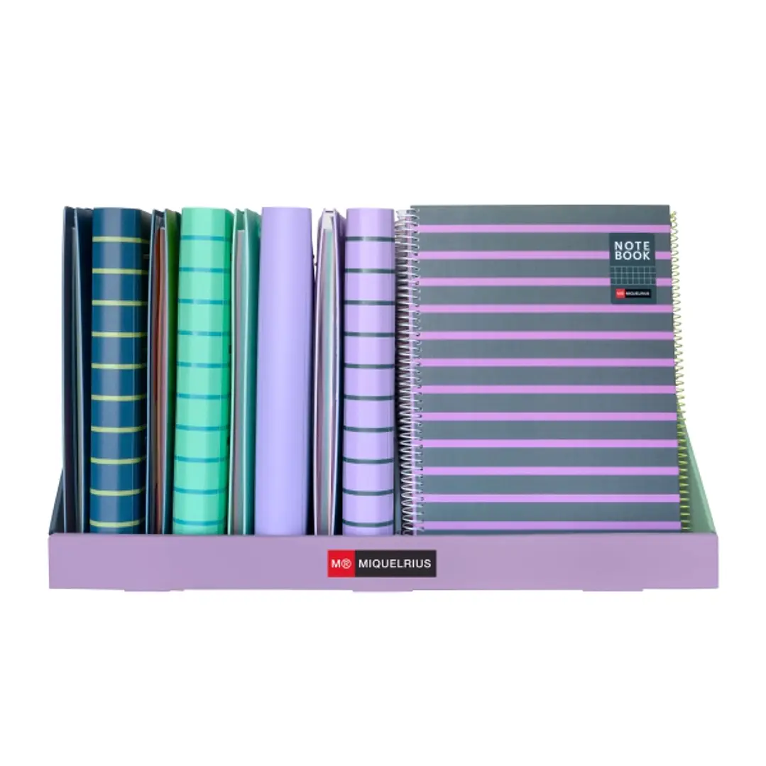 Miquel Rius Between The Lines Expositor con 8 Carpeblocs 4 Anillas 35mm 100 Hojas y 16 Notebooks1 A4 80 Hojas Cuadricula 5x5 1